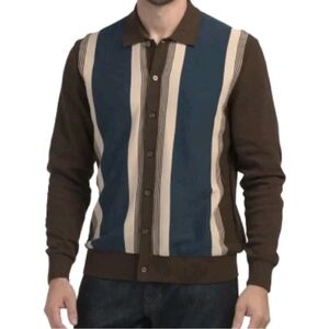 Ben Sherman Carafe Striped Brown Blue Beige Polo Cardigan Buttons M Sweater NWT